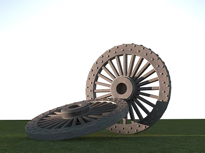 Two Metal Spoked Wheels With Central Hub Placed On Green Grass White Sky 3d model