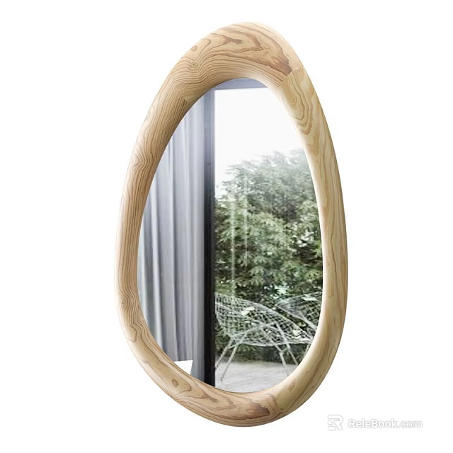 Oval Wooden Frame Mirror Reflecting Outdoor Green Plants White Chair And Gray Curtains 3d model 