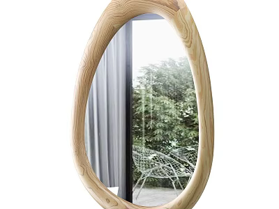 Oval Wooden Frame Mirror Reflecting Outdoor Green Plants White Chair And Gray Curtains 3d model