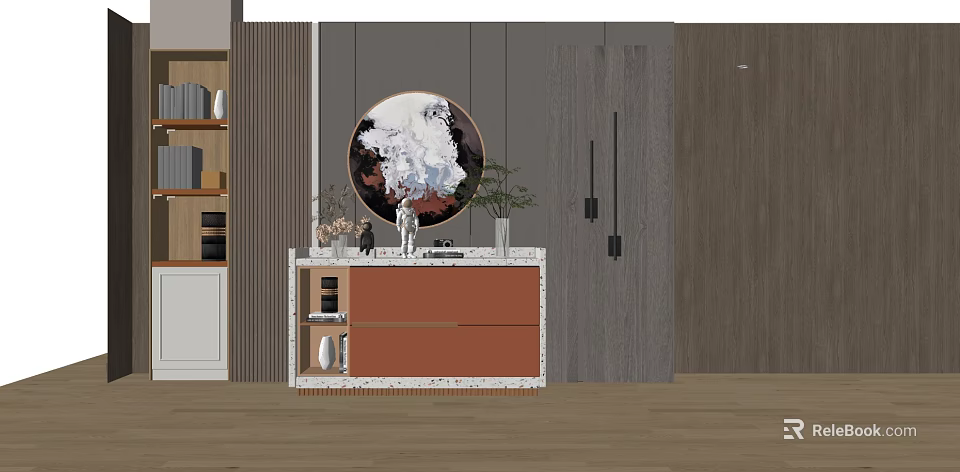 Modern Entryway Cabinet And Side Cabinet With Round Decorative Painting Green Plants And Marble Countertop 3d model 