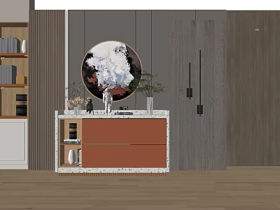 Modern Entryway Cabinet And Side Cabinet With Round Decorative Painting Green Plants And Marble Countertop 3d model