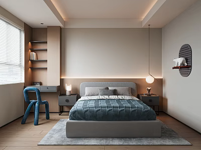 Minimalist Kids Room Interior With Bed Blue Chair Bookshelf And Wall Decor 3d model