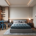 Minimalist Kids Room Interior With Bed Blue Chair Bookshelf And Wall Decor