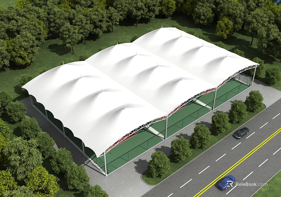 Tensile Membrane Structure Covering Outdoor Sports Venue With Green Trees And Roadside Access 3d model 