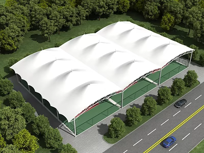Tensile Membrane Structure Covering Outdoor Sports Venue With Green Trees And Roadside Access 3d model
