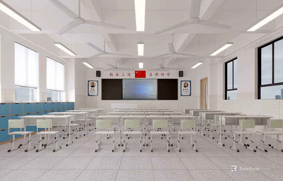 School Classroom Bright Interior With Neat Desks Chairs Whiteboard Projection Screen Ceiling Fans And Windows 3d model 