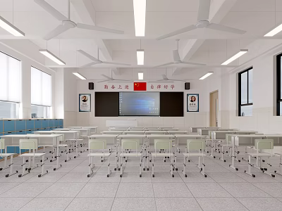 School Classroom Bright Interior With Neat Desks Chairs Whiteboard Projection Screen Ceiling Fans And Windows 3d model