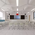 School Classroom Bright Interior With Neat Desks Chairs Whiteboard Projection Screen Ceiling Fans And Windows
