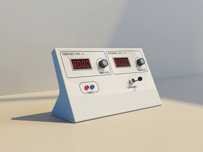 White Industrial Control Panel with Red Digital Displays Knobs and Buttons 3d model