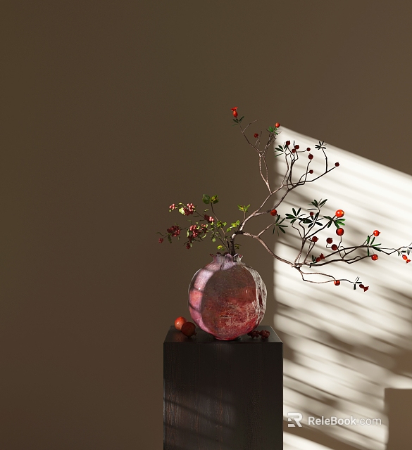 Pomegranate Shaped Ceramic Vessel with Branches Red Berries on Black Stand under Natural Light Shadow 3d model 