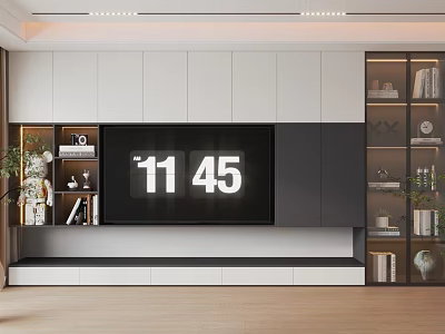 Modern Minimalist TV Background Wall With White Gray Cabinets Open Shelves And Digital Clock 3d model