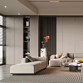Elegant Living Room With Light Beige Sofa Multiple Cushions Coffee Table Gray Stools Striped Rug