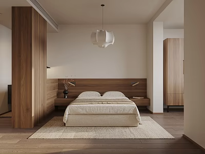 Modern Bedroom Interior With Wooden Headboard Nightstands Pendant Light And Area Rug 3d model