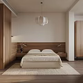Modern Bedroom Interior With Wooden Headboard Nightstands Pendant Light And Area Rug