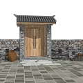 Traditional Entrance Gate with Wooden Door Tiled Roof Stone Walls Steps and Clay Pots