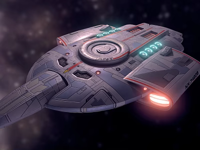 Futuristic Spaceship With Green Red Lights In Deep Space Background 3d model