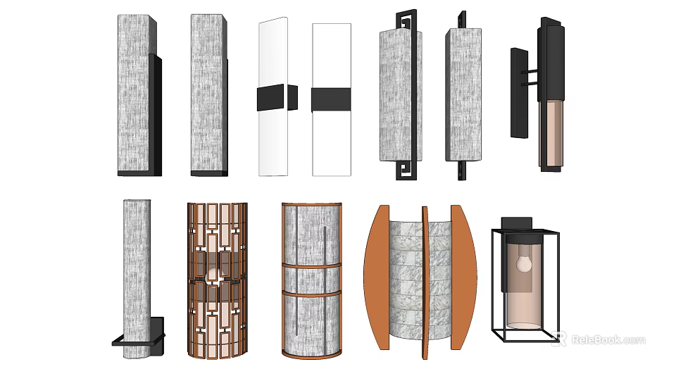 Various Modern Wall Lights With Wooden Frames Metal Accents And Fabric Shades 3d model 