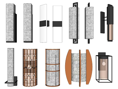 Various Modern Wall Lights With Wooden Frames Metal Accents And Fabric Shades 3d model