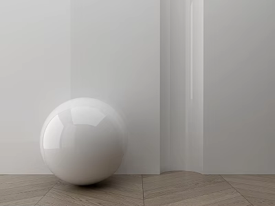 White Stone Wall and Wooden Floor with Herringbone Pattern in Corner Featuring White Sphere 3d model