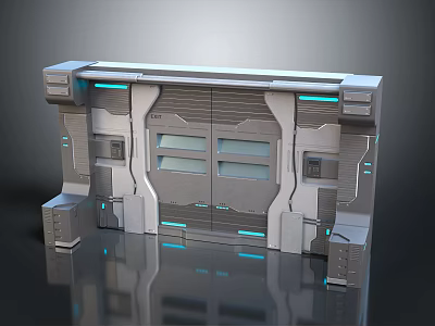 Futuristic Sci Fi Door Assembly With Metallic Frames Blue Illumination And Control Panels 3d model