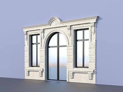 Stone Building Entrance With Arched Glass Door Ornate Top And Side Windows 3d model