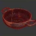 Ancient Hand Carved Clay Bowl Sculpture With Two Handles Deep Blue Orange Textured Surface