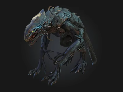 Armored Fantasy Monster 3D Model With Multiple Limbs Sharp Teeth And Glowing Eyes 3d model