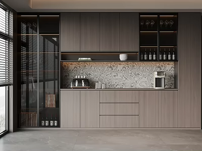 Modern Glass Door Wine Cabinet in Contemporary Kitchen With Wine Bottles and Glass Storage 3d model