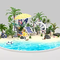 Tropical Beach Scene With Palm Trees Striped Umbrella Deck Chair Lifebuoy Boat And Blue Water