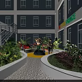 Modern Courtyard Garden Landscape Featuring Green Plants Purple Flowers Yellow Circular Area And Cartoon Statues