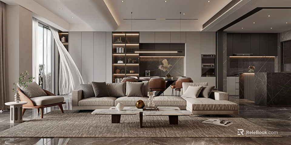 Modern Living and Dining Room Interior With Sofa Coffee Table Dining Chairs and Pendant Lights 3d model 