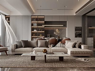 Modern Living and Dining Room Interior With Sofa Coffee Table Dining Chairs and Pendant Lights 3d model