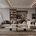 Modern Living and Dining Room Interior With Sofa Coffee Table Dining Chairs and Pendant Lights