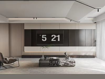 Modern Minimalist TV Wall Design With Dark Light Wooden Panels Mounted TV And LED Lighting 3d model