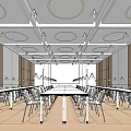 Modern Conference Room Interior With Long Table Chairs Wooden Walls And Circular Ceiling Lights