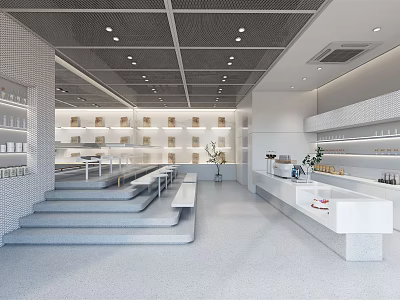 Modern Minimalist Cafe Interior Design With White Shelves Bar Counter And Seating Steps 3d model