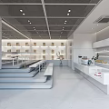 Modern Minimalist Cafe Interior Design With White Shelves Bar Counter And Seating Steps