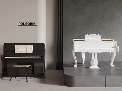 Elegant Piano Room Interior Featuring Black White Pianos Bench Open Sheet Music Grey Wall 3d model