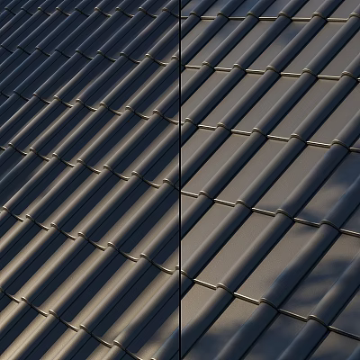 Dark Roof Tiles Neatly Arranged On Modern Roofing Structure 3d model