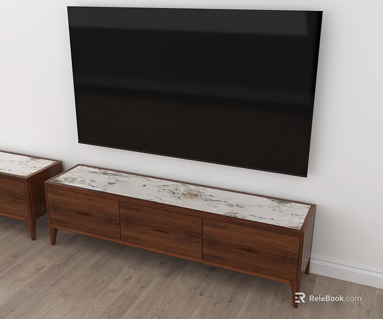 Walnut TV Stand With White Marble Top And Storage Drawers In Modern Home 3d model 