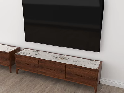 Walnut TV Stand With White Marble Top And Storage Drawers In Modern Home 3d model