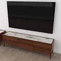 Walnut TV Stand With White Marble Top And Storage Drawers In Modern Home