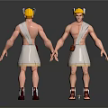 3D Character Model Front Back View with Yellow Helmet White Tunic Brown Pouch Red Sandals