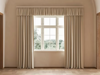 Beige Velvet Curtains For Modern Living Room Window With Wooden Frame And Natural Light 3d model