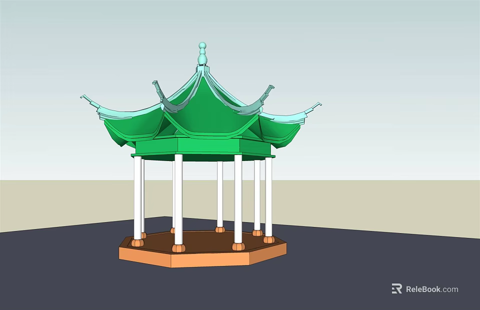 Traditional Chinese Pavilion with Green Roof White Pillars Traditional Eaves and Hexagonal Base 3d model 