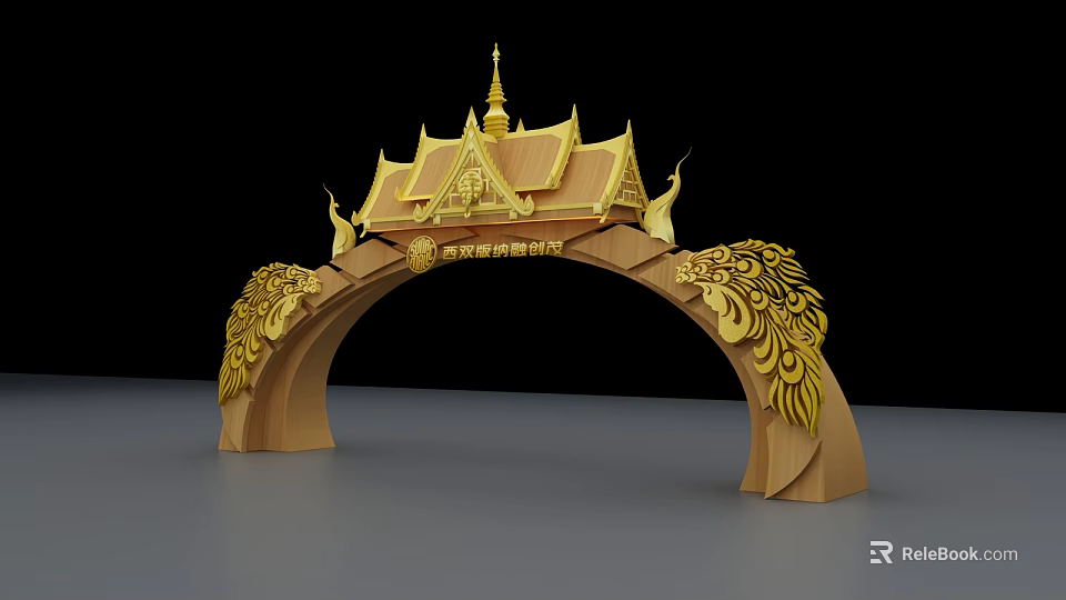 Traditional Golden Event Archway With Ornate Roof Spire And Peacock Carvings 3d model 