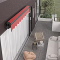 Modern Villa Balcony With Red Awning White Sofa Coffee Table And Green Plants