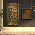 Chinese Interior Decoration With Mountain Landscape Figure Paintings Green Plant And Hanging Lamp
