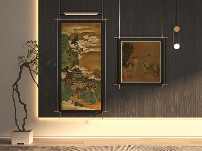 Chinese Interior Decoration With Mountain Landscape Figure Paintings Green Plant And Hanging Lamp 3d model