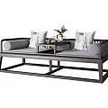 Chinese Style Luohan Bed With Wooden Frame Gray Cushions Throw Pillows And Tea Table